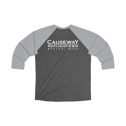 Men's charcoal and grey tri-blend baseball tee with quarter sleeves and white Causeway Restaurant & Bar logo.
