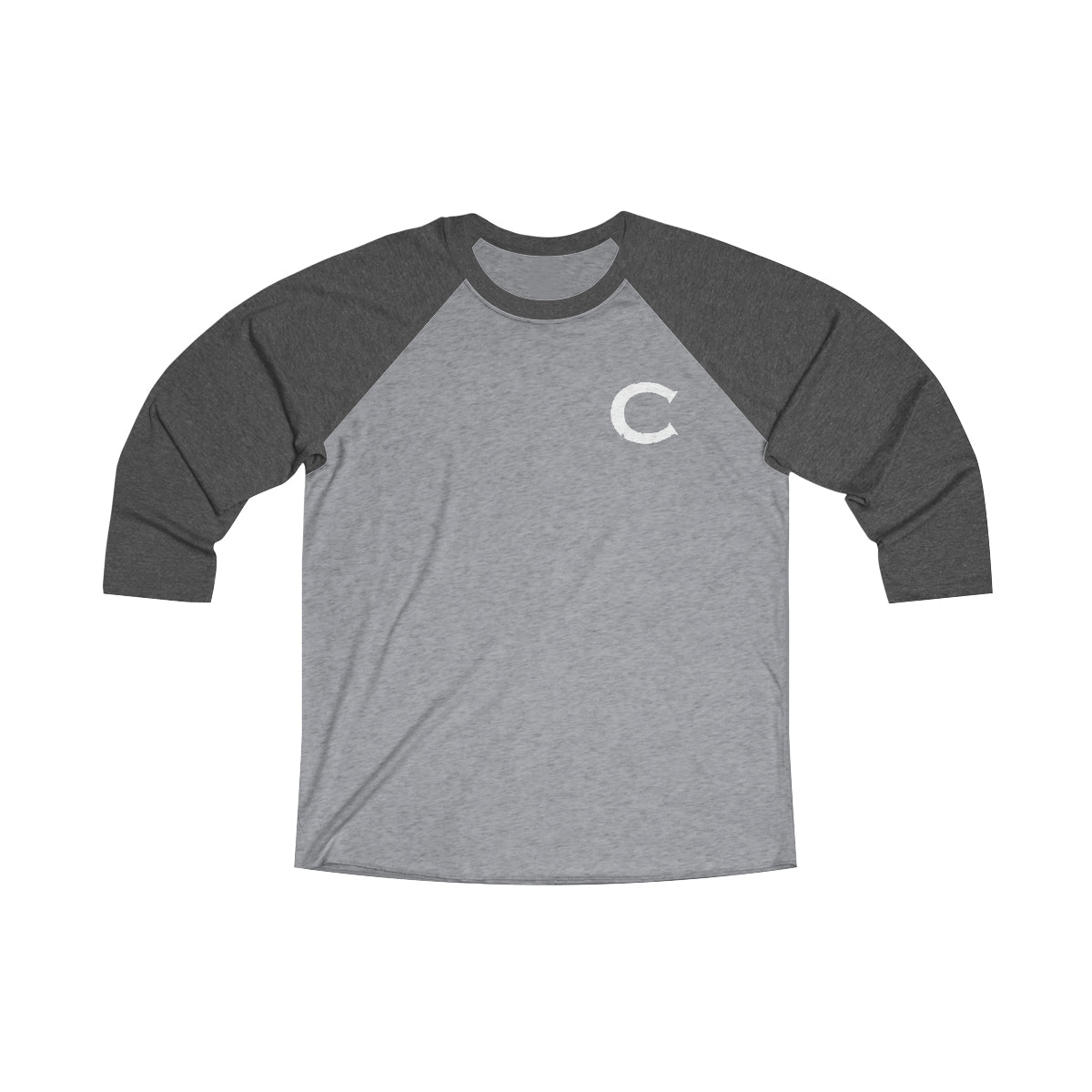 Mens tri-blend baseball tee with grey body, dark grey quarter sleeves, and a white letter C logo on the chest.