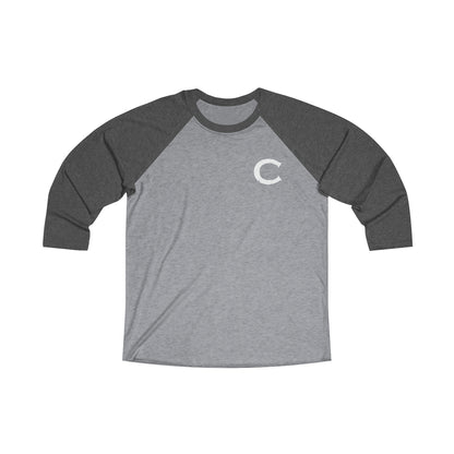 Mens tri-blend baseball tee with grey body, dark grey quarter sleeves, and a white letter C logo on the chest.