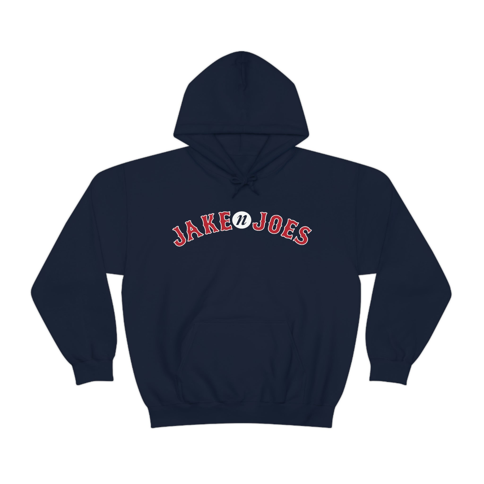 Navy blue men's hooded sweatshirt with a red and white arched Jake N’ Joes logo and front kangaroo pocket.