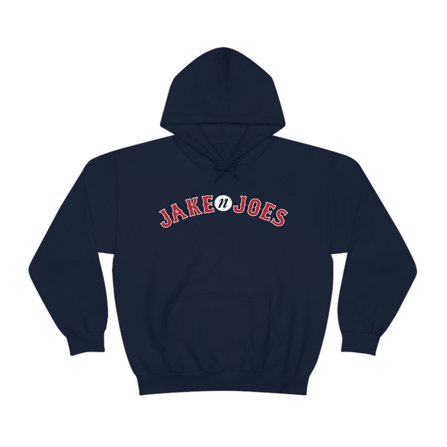 Navy blue men's hooded sweatshirt with a red and white arched Jake N’ Joes logo and front kangaroo pocket.