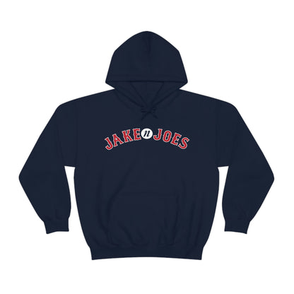 Navy blue men's hooded sweatshirt with a red and white arched Jake N’ Joes logo and front kangaroo pocket.