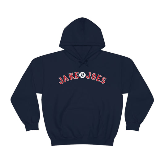 Navy blue men's hooded sweatshirt with a red and white arched Jake N’ Joes logo and front kangaroo pocket.