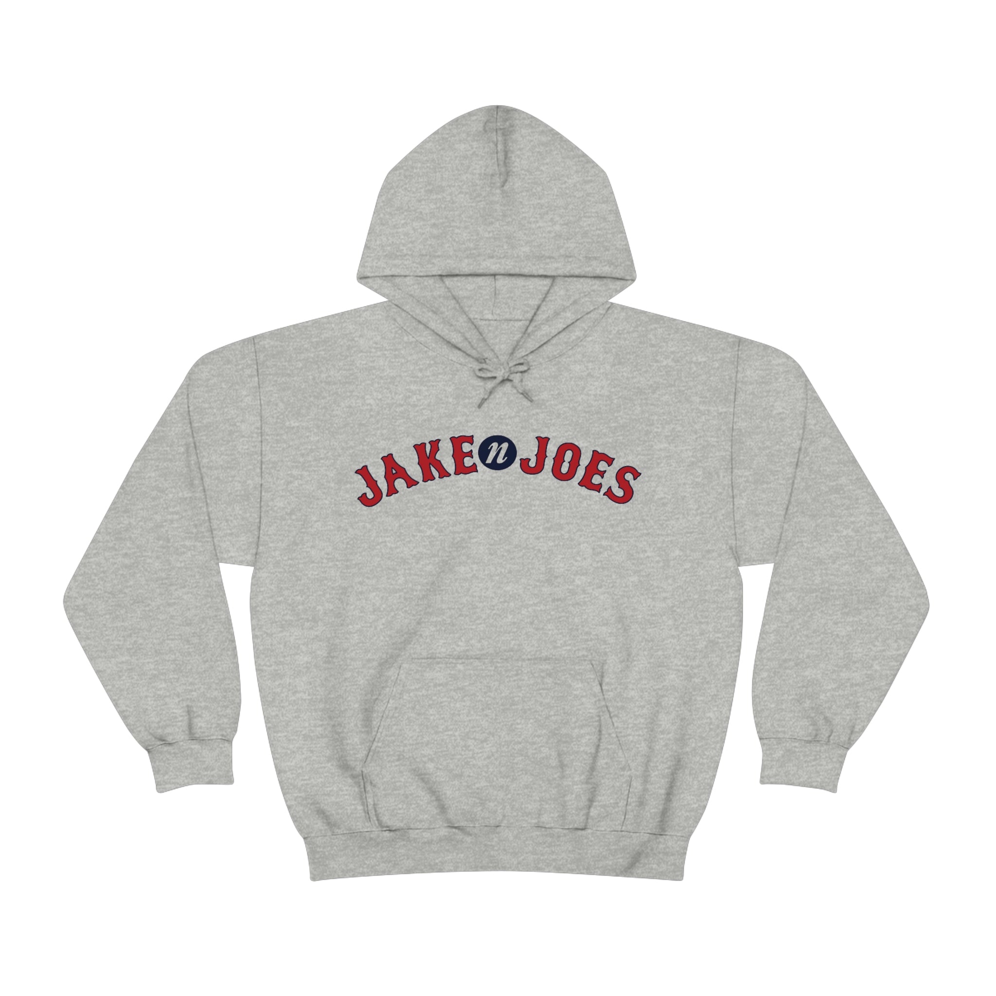 Grey medium-heavy cotton-blend hooded sweatshirt featuring a red and blue Jake N’ Joes logo on the chest.
