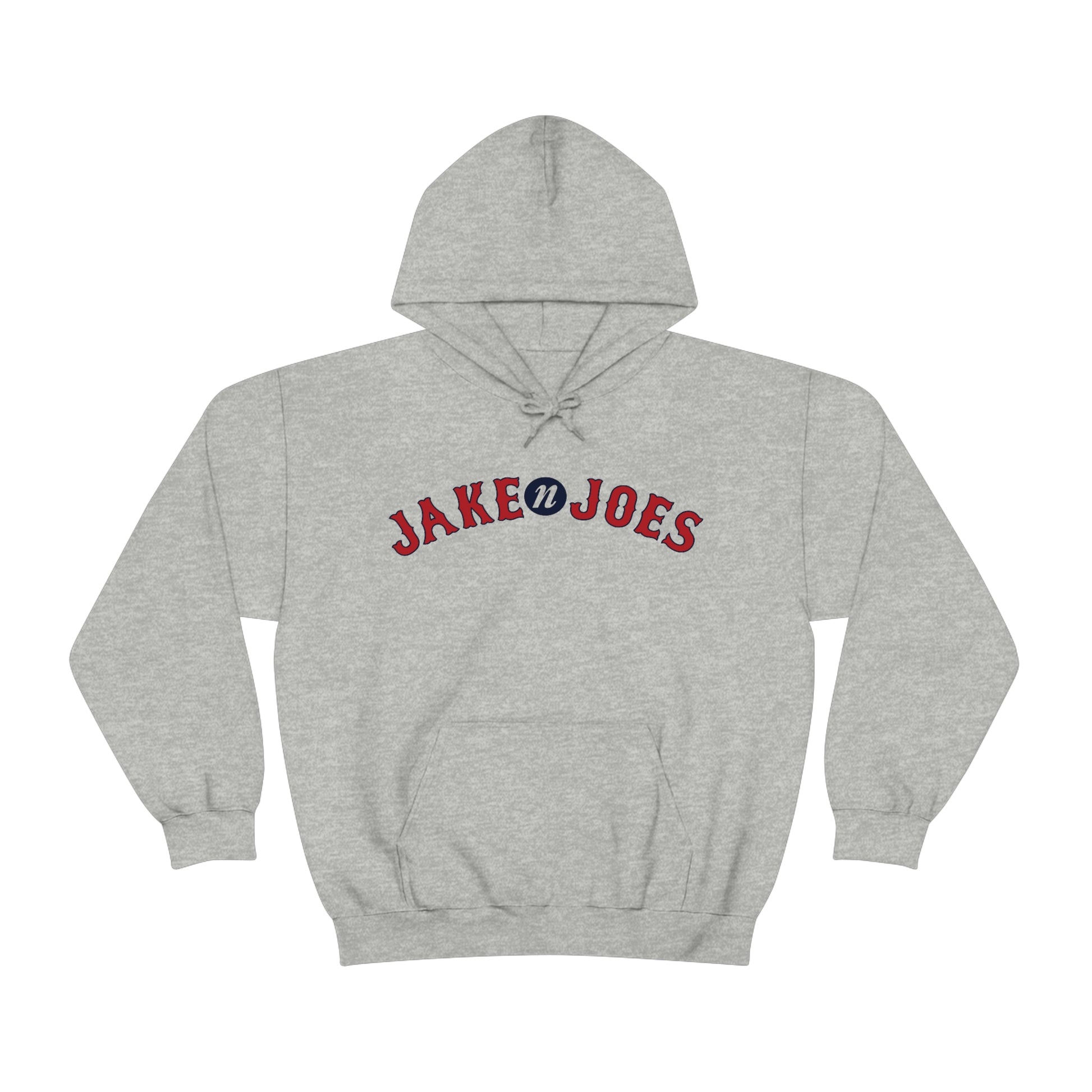 Grey medium-heavy cotton-blend hooded sweatshirt featuring a red and blue Jake N’ Joes logo on the chest.