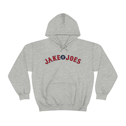 Grey medium-heavy cotton-blend hooded sweatshirt featuring a red and blue Jake N’ Joes logo on the chest.