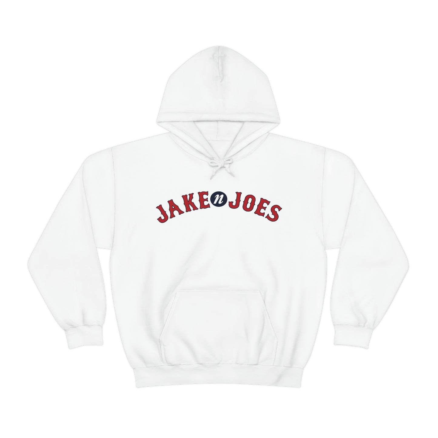White classic fit hooded sweatshirt with Jake N’ Joes red and blue logo on the chest.