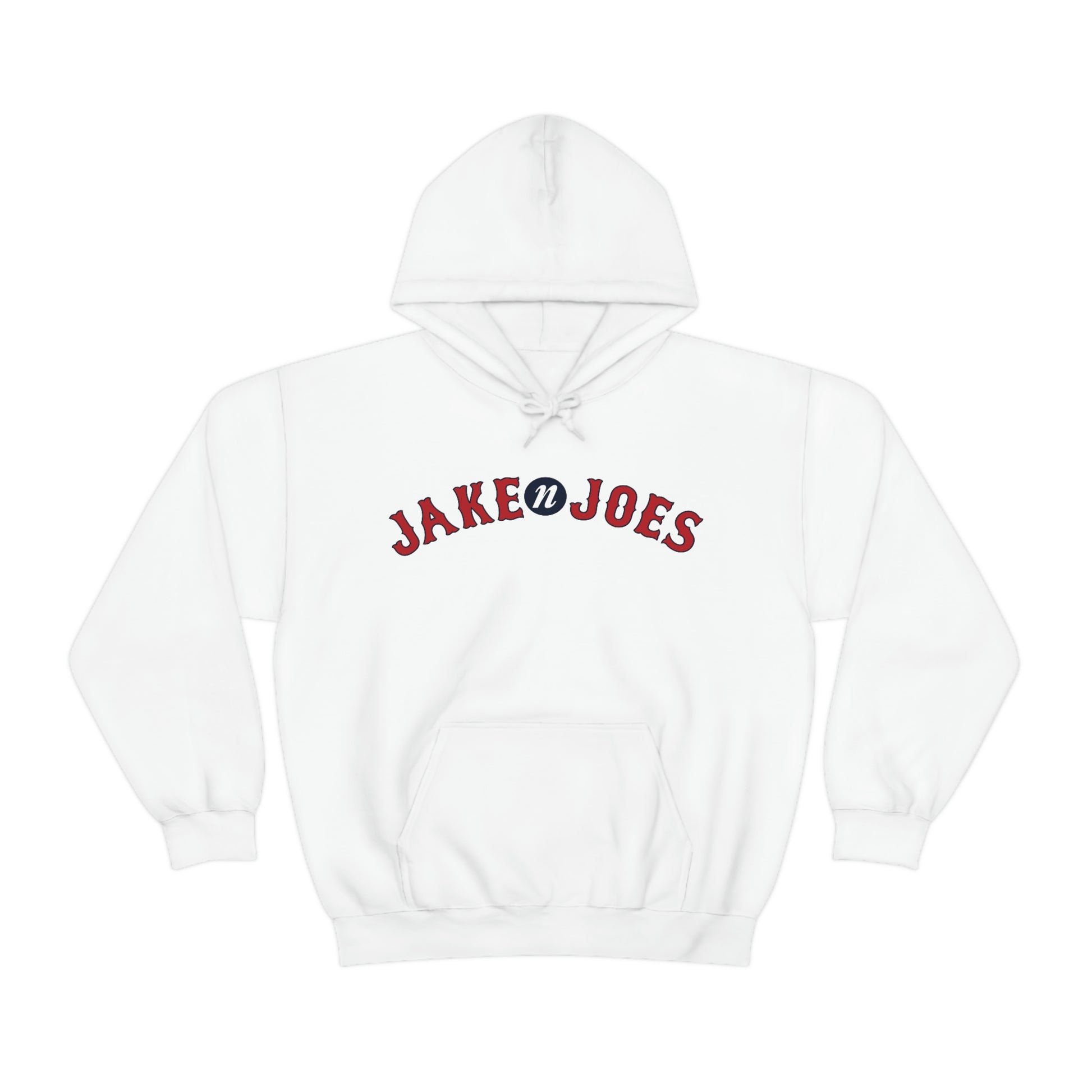 White classic fit hooded sweatshirt with Jake N’ Joes red and blue logo on the chest.