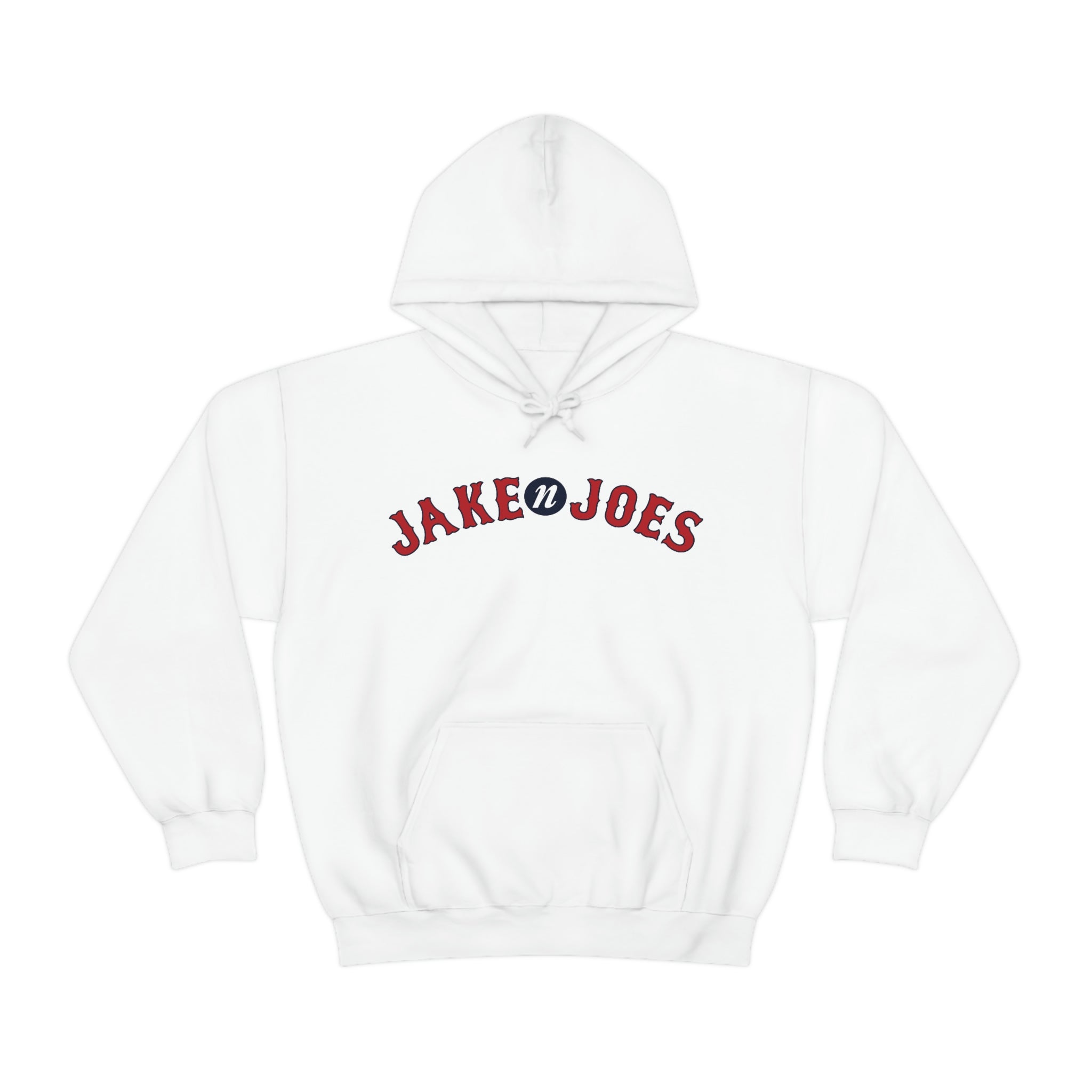 White classic fit hooded sweatshirt with Jake N’ Joes red and blue logo on the chest.