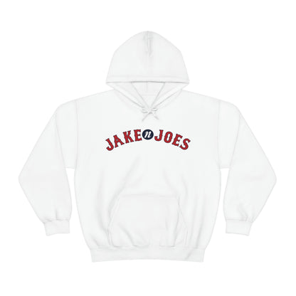 White classic fit hooded sweatshirt with Jake N’ Joes red and blue logo on the chest.