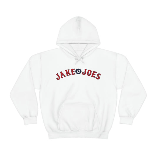White classic fit hooded sweatshirt with Jake N’ Joes red and blue logo on the chest.