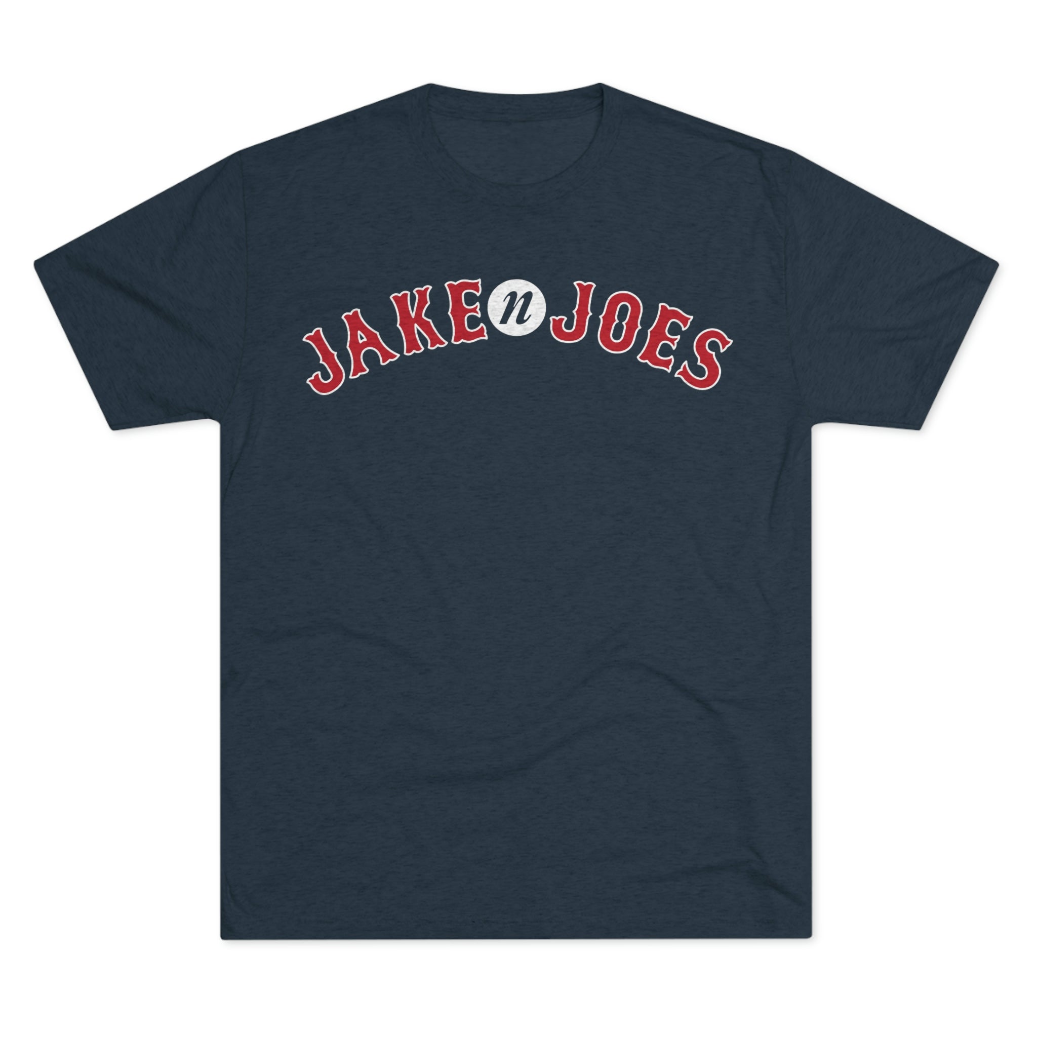Navy blue tri-blend t-shirt featuring a red and white arched Jake n JOES baseball-style logo on the chest.