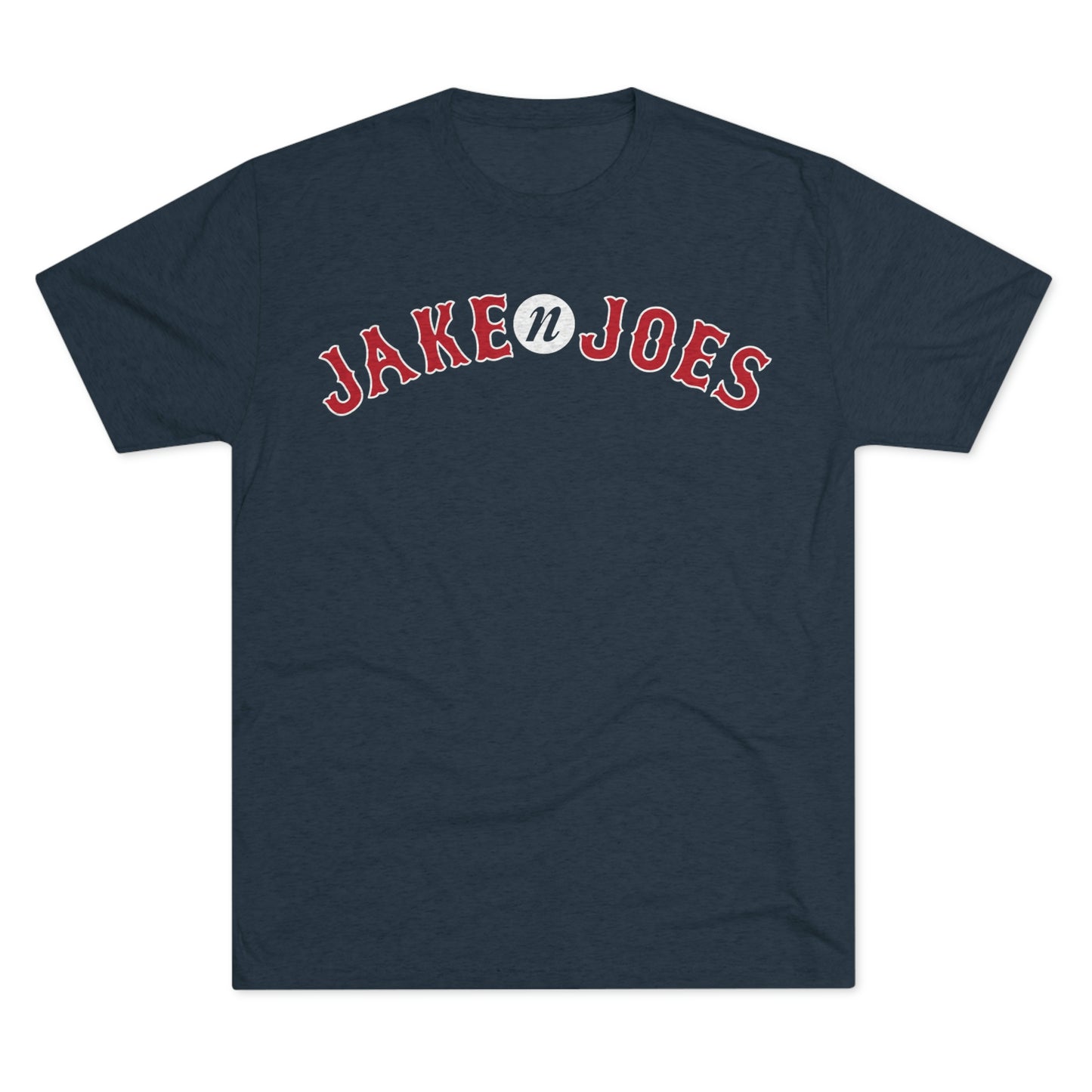 Navy blue tri-blend t-shirt featuring a red and white arched Jake n JOES baseball-style logo on the chest.