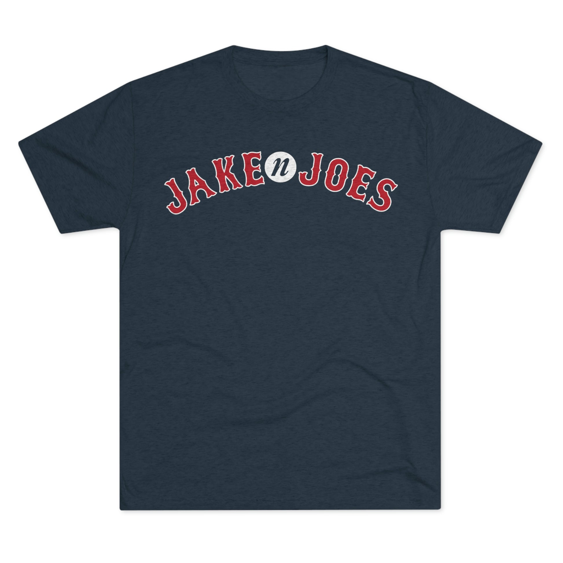 Navy blue tri-blend t-shirt featuring a red and white arched Jake n JOES baseball-style logo on the chest.