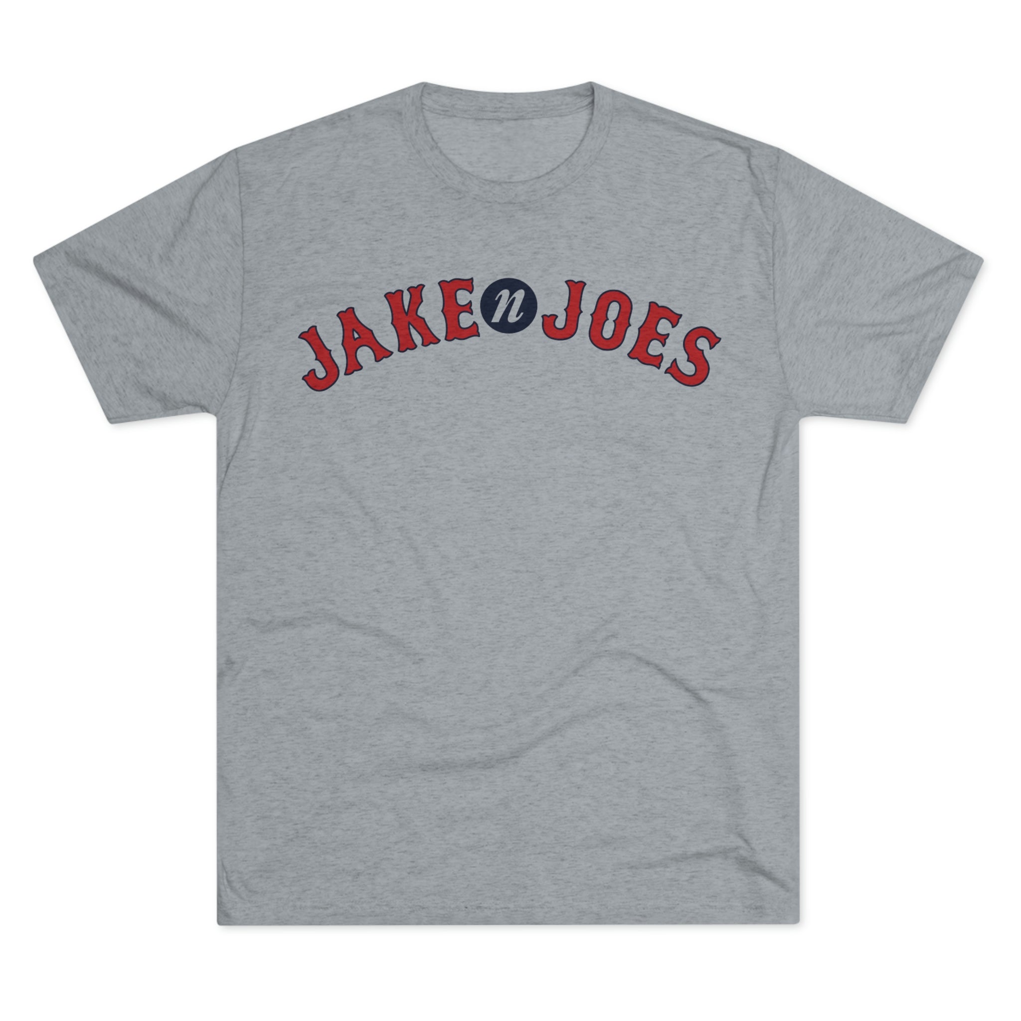 Grey tri-blend short-sleeve t-shirt featuring a red and blue Jake n JOES Boston baseball-style logo on the chest.