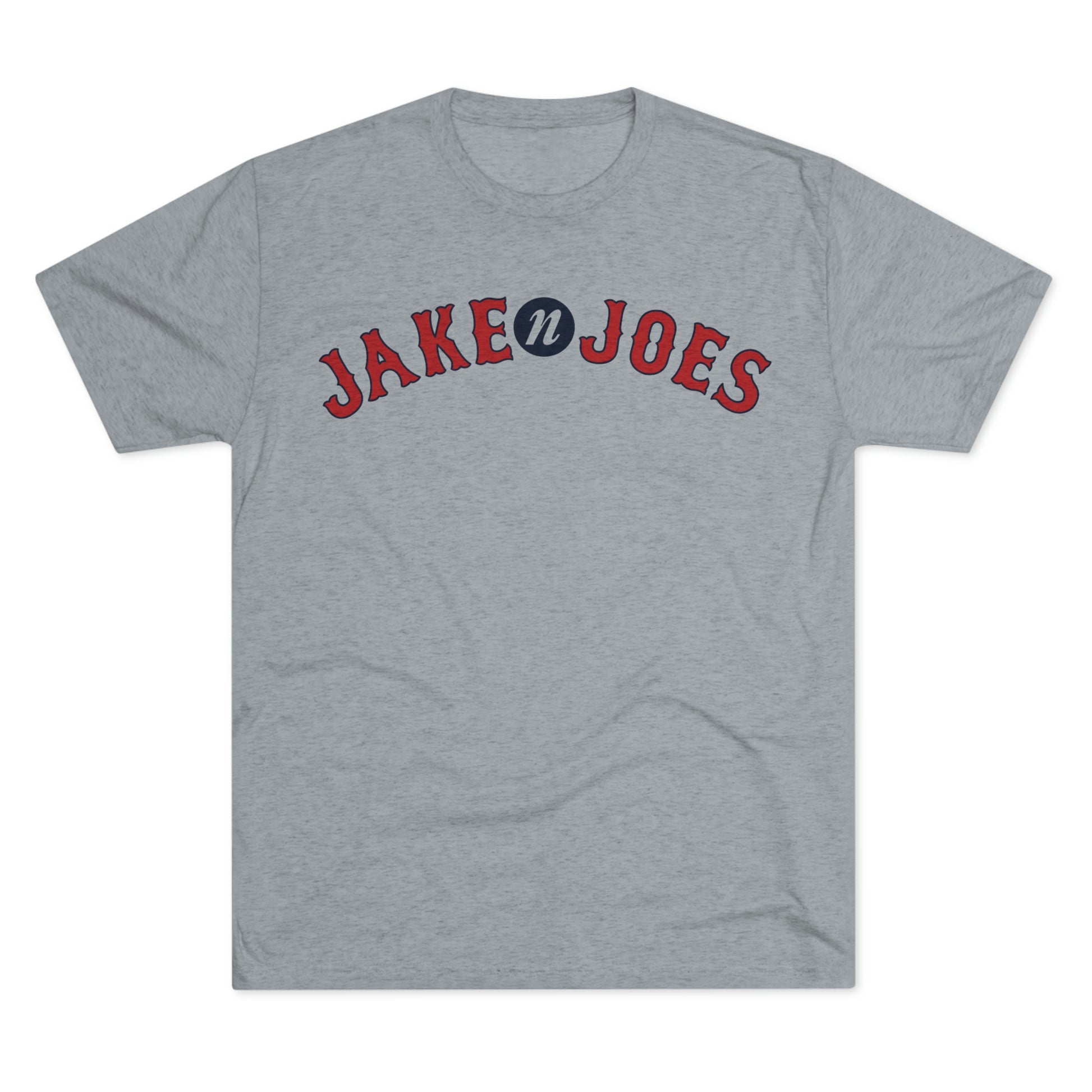 Grey tri-blend short-sleeve t-shirt featuring a red and blue Jake n JOES Boston baseball-style logo on the chest.