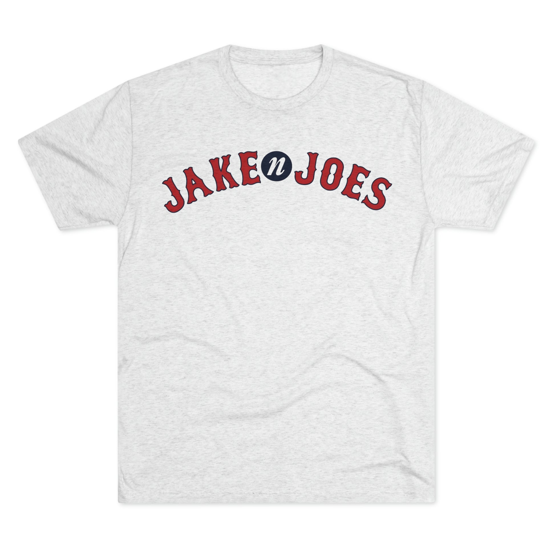 Light gray heathered tri-blend t-shirt featuring a red and blue Jake n JOES Boston baseball-style logo on the chest.