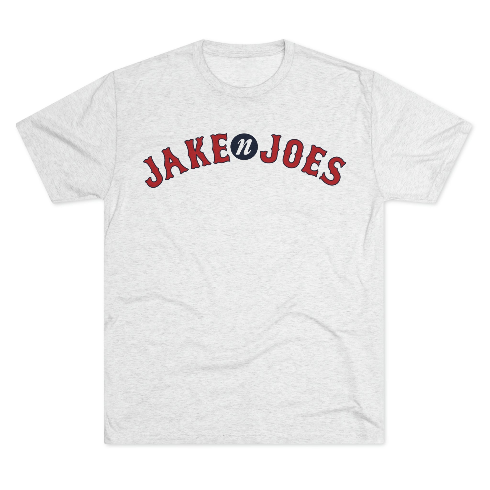 Light gray heathered tri-blend t-shirt featuring a red and blue Jake n JOES Boston baseball-style logo on the chest.