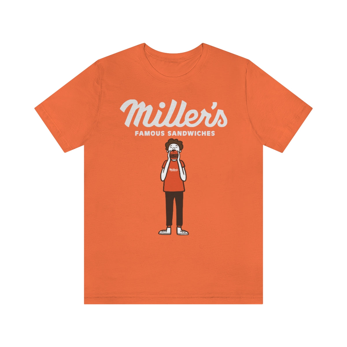 Orange short sleeve cotton tee featuring a Miller's Famous Sandwiches graphic of a person eating a burger.