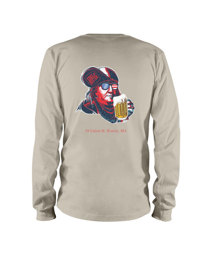 Sand-colored long sleeve cotton tee featuring a graphic of Ben Franklin wearing flag sunglasses and holding a beer mug.