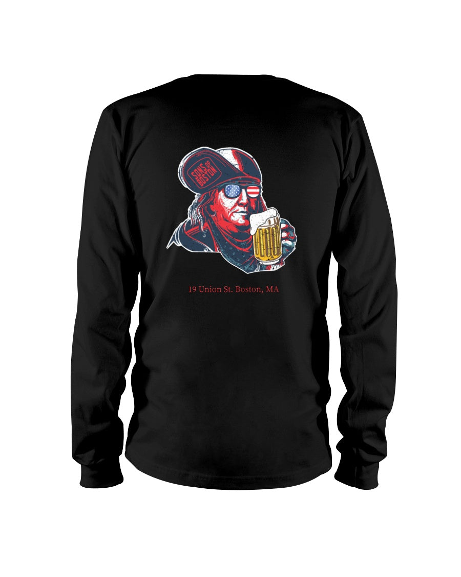Black long-sleeve cotton tee featuring a graphic of Ben Franklin in a tricorn hat holding a beer mug.