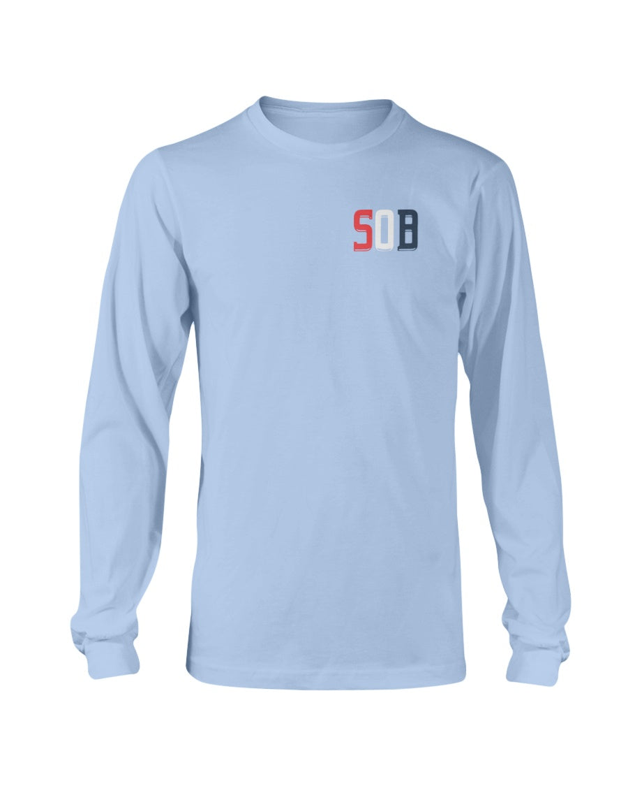 Light blue long-sleeve cotton tee featuring a small red, white, and blue SOB logo on the left chest.