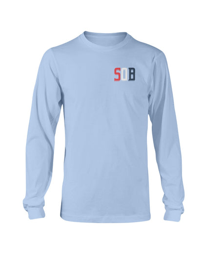 Light blue long-sleeve cotton tee featuring a small red, white, and blue SOB logo on the left chest.