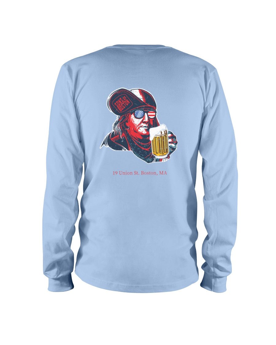 Light blue long-sleeve cotton tee featuring a graphic of Ben Franklin wearing flag sunglasses and holding a beer mug.