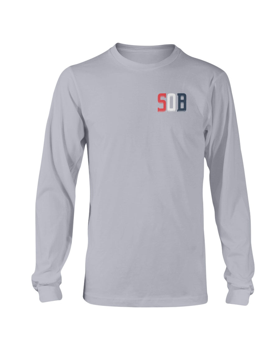 Light grey long-sleeve cotton crewneck tee featuring a small red, white, and blue SOB chest logo.