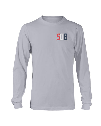 Light grey long-sleeve cotton crewneck tee featuring a small red, white, and blue SOB chest logo.