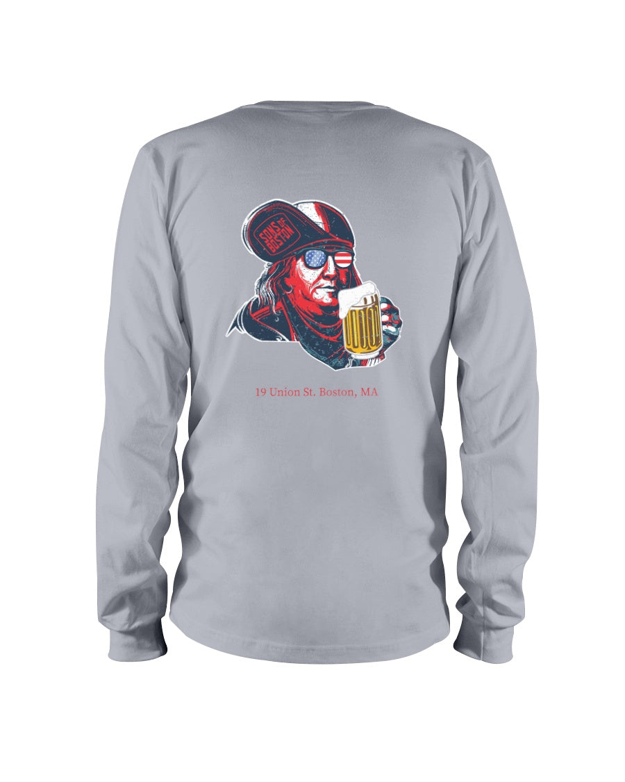 Grey long-sleeve cotton tee featuring a graphic of Ben Franklin wearing flag sunglasses and holding a beer mug.