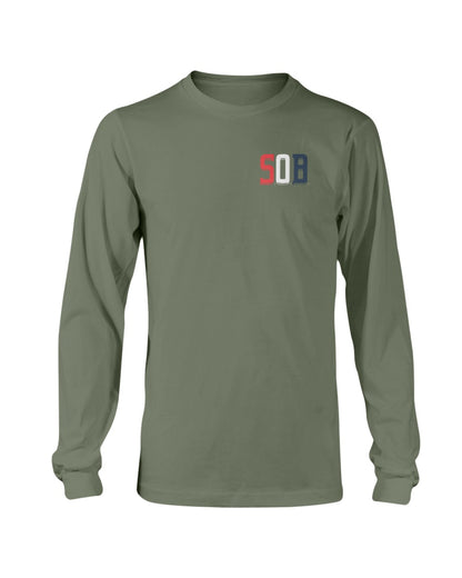 Olive green long-sleeve cotton tee featuring a small red, white, and blue SOB logo on the chest.