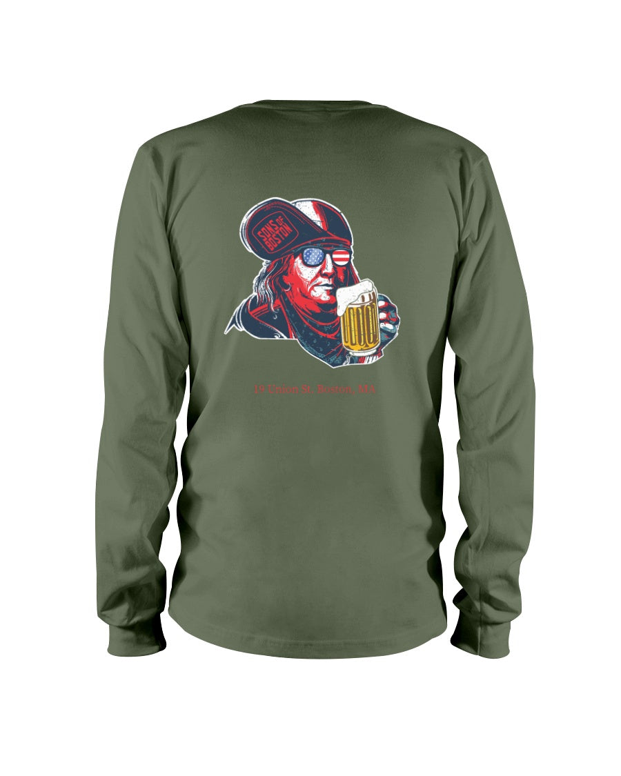 Olive green long-sleeve cotton tee featuring a graphic of Ben Franklin wearing flag-themed glasses and holding a beer.