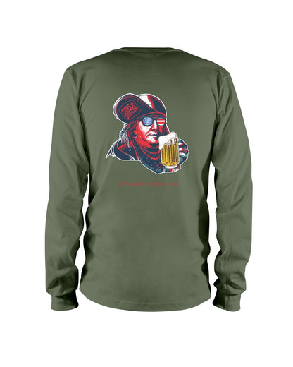 Olive green long-sleeve cotton tee featuring a graphic of Ben Franklin wearing flag-themed glasses and holding a beer.