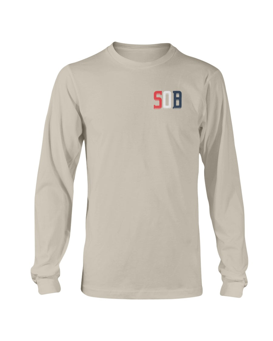 Sand-colored long sleeve cotton tee featuring a small red, white, and blue SOB logo on the left chest.