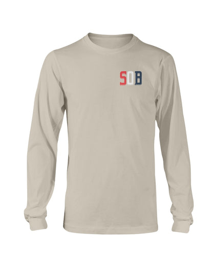 Sand-colored long sleeve cotton tee featuring a small red, white, and blue SOB logo on the left chest.