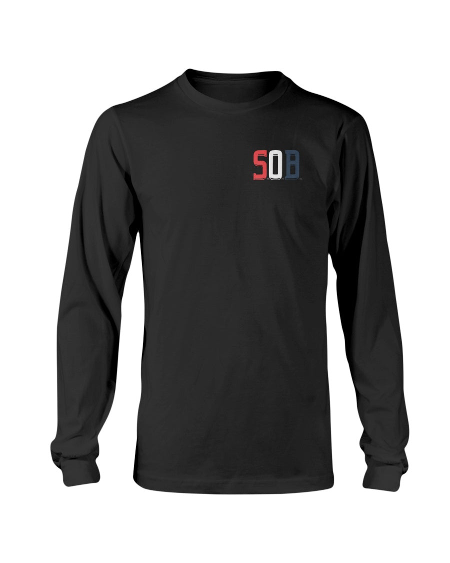Black long-sleeve cotton crewneck tee featuring a small red, white, and blue SOB logo on the left chest.
