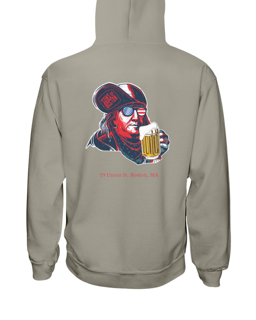 Tan midweight hoodie featuring a back graphic of Benjamin Franklin wearing flag sunglasses and holding a beer mug.