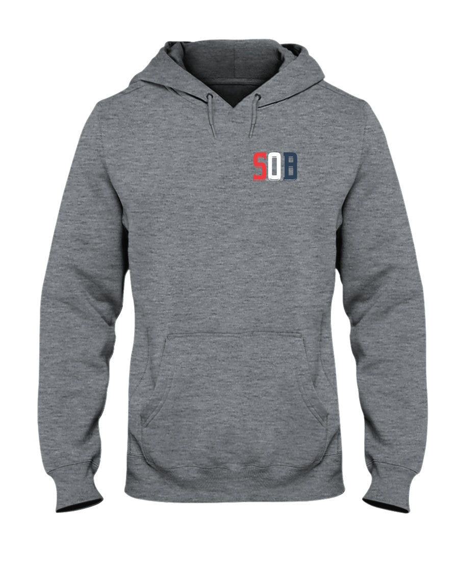 Grey midweight unisex hoodie with a pouch pocket, drawstring hood, and Sons of Boston SOB logo on the chest.