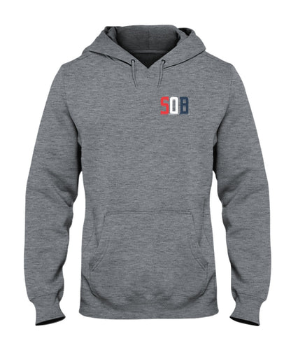 Grey midweight unisex hoodie with a pouch pocket, drawstring hood, and Sons of Boston SOB logo on the chest.