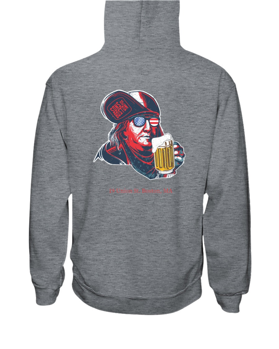 Grey midweight hoodie featuring a graphic of Ben Franklin wearing flag sunglasses and holding a beer mug.