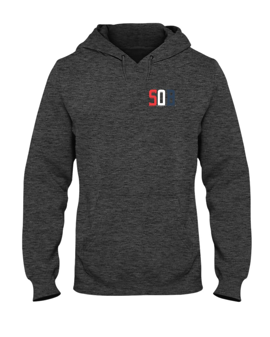 Dark charcoal heather midweight hoodie with Sons of Boston SOB logo on chest, pouch pocket, and drawstring hood.