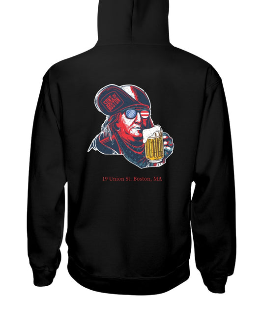 Black midweight hoodie featuring a graphic of Ben Franklin with a beer mug and Sons of Boston text on the back.