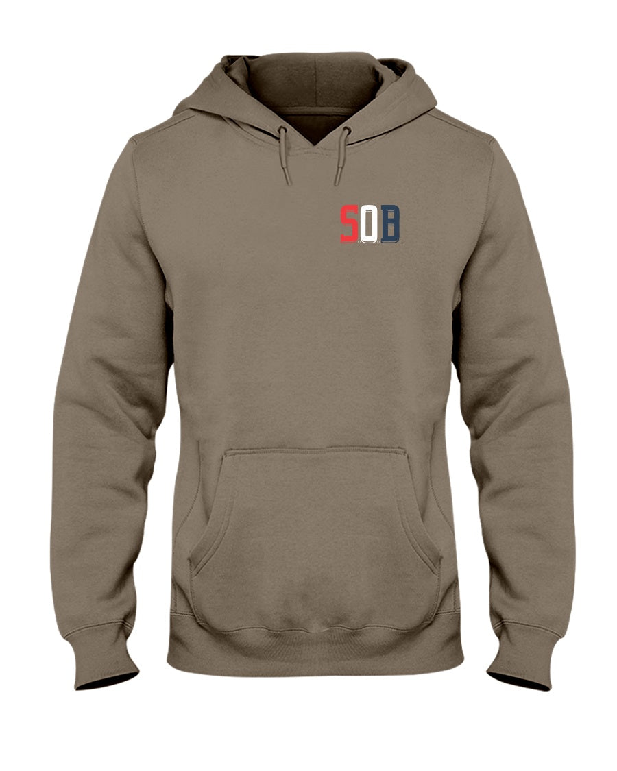 Taupe midweight hoodie with a red, white, and blue SOB logo, featuring a drawstring hood and front pouch pocket.