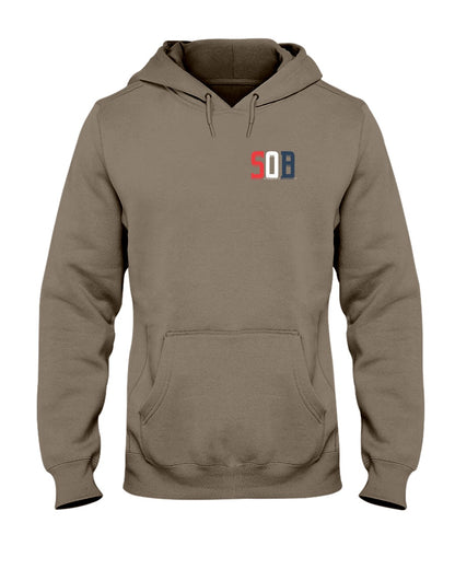 Taupe midweight hoodie with a red, white, and blue SOB logo, featuring a drawstring hood and front pouch pocket.
