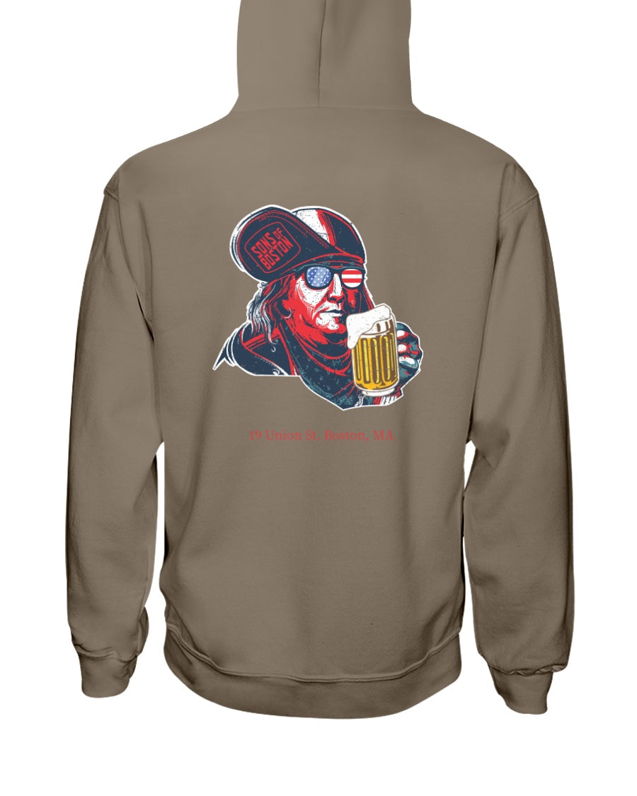 Tan midweight hoodie featuring a graphic of Ben Franklin wearing flag sunglasses and holding a beer mug on the back.