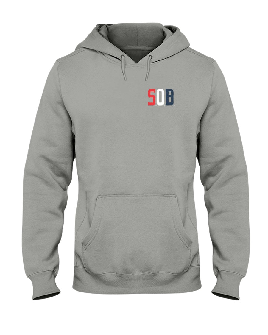 Grey midweight unisex hoodie featuring a small red, white, and blue SOB chest logo and front pouch pocket.