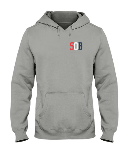 Grey midweight unisex hoodie featuring a small red, white, and blue SOB chest logo and front pouch pocket.