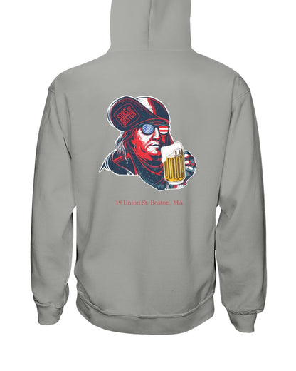 Grey midweight hoodie featuring a back graphic of Ben Franklin wearing flag sunglasses and holding a beer mug.