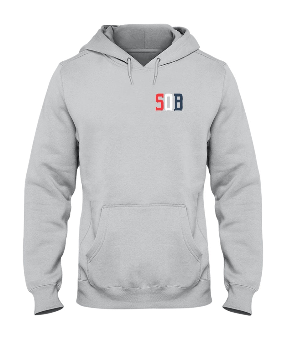 Light gray unisex midweight hoodie featuring a red, white, and blue SOB logo on the chest with a front pouch pocket.
